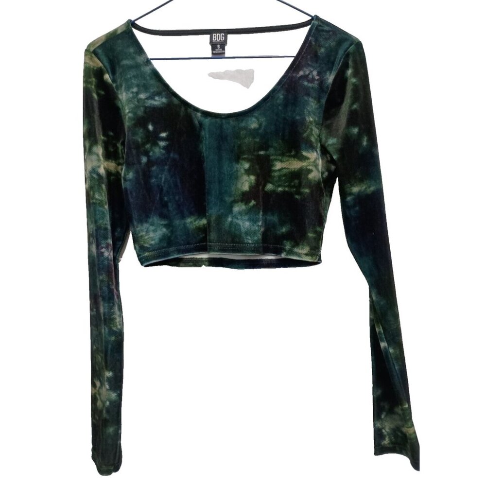 BDG UO Womens Cropped Top Small Green Tie Dye Velvet Long Sleeve Goth Hippie